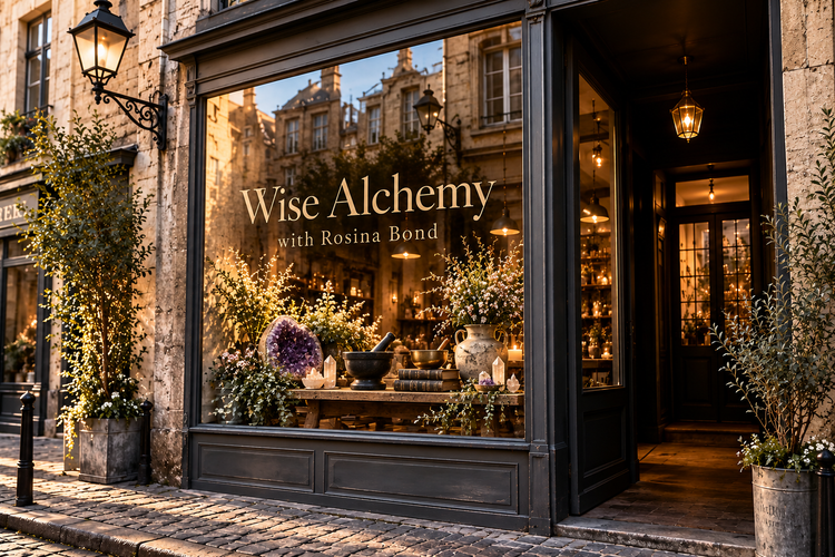 The Wise Alchemy with Rosina Bond shopfront, with an amethyst geode, mortar and pestle, crystals and flowers glowing in the window